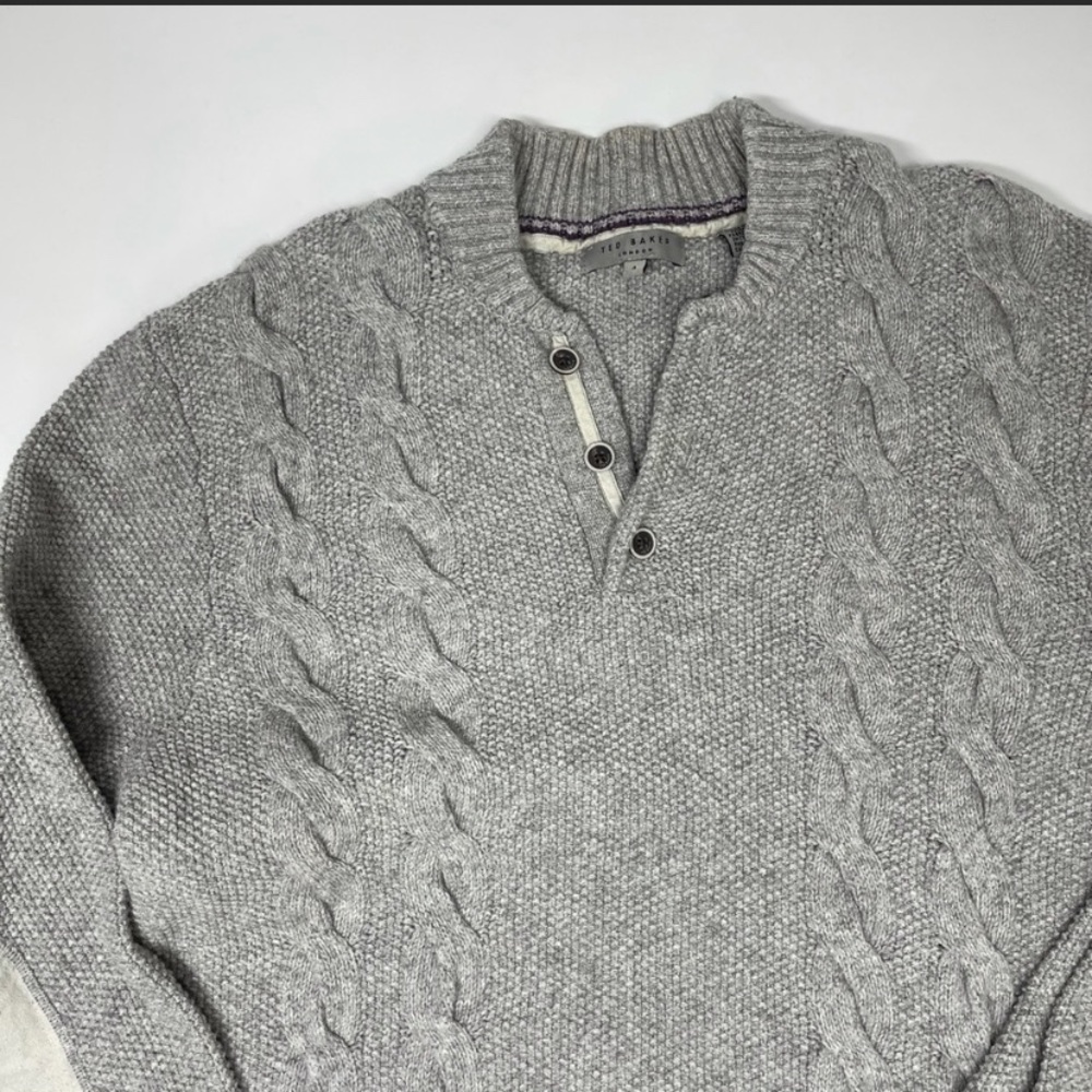 Ted Baker Men's Gray Cable Knit Sweater Elbow Patches Size 4/L